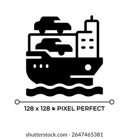 Car carrier pixel perfect glyph solid icon. Vessel transporting autos by sea. Vehicles transporter. Maritime shipment. Black silhouette symbol on negative space. Vector isolated illustration