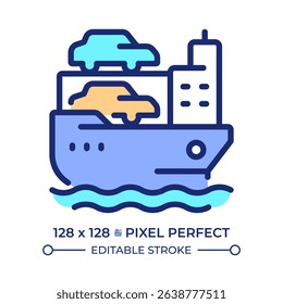 Car carrier pixel perfect line color icon. Vessel transporting autos by sea. Vehicles transporter. Maritime shipment service. Isolated vector illustration. Flat colorful symbol design. Editable stroke