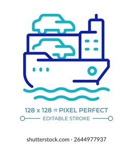 Car carrier pixel perfect two color line icon. Vessel transporting autos by sea. Maritime shipment service bicolor outline symbol. Duotone linear pictogram. Isolated illustration. Editable stroke