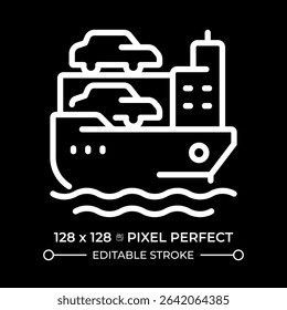 Car carrier pixel perfect white line icon in negative space. Vessel transporting automobiles by sea. Maritime shipment service. Monochrome linear symbol on black background. Editable stroke
