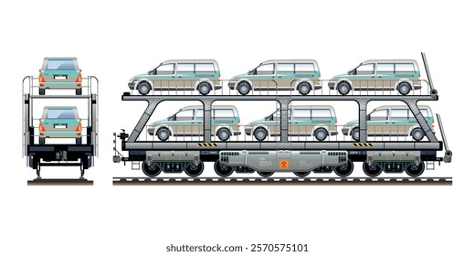 Car carrier railway carriage, locomotive wagon vehicle transporting cars on two levels 3D vector illustration