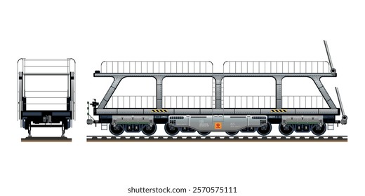 Car carrier railway carriage, locomotive wagon vehicle transporting cars on two levels 3D vector illustration