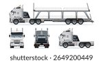 Car carrier trailer, big rig car hauler semi trailer truck transporting cars on two levels vehicle from various angles set vector illustration
