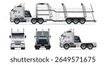 Car carrier trailer, big rig car hauler semi trailer truck transporting cars on two levels vehicle from various angles vector set illustration