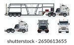 Car carrier trailer, big rig car hauler semi trailer truck transporting cars on two levels vehicle from various angles vector set illustration