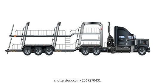 Car carrier trailer, big rig car hauler semi trailer truck transporting cars on two levels 3D vector illustration