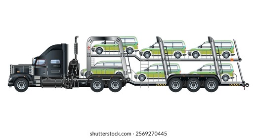 Car carrier trailer, big rig car hauler semi trailer truck transporting cars on two levels 3D vector illustration