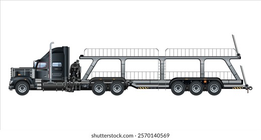 Car carrier trailer, big rig car hauler semi trailer truck transporting cars on two levels 3D vector illustration