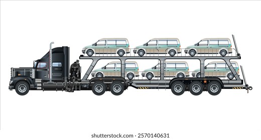 Car carrier trailer, big rig car hauler semi trailer truck transporting cars on two levels 3D vector illustration