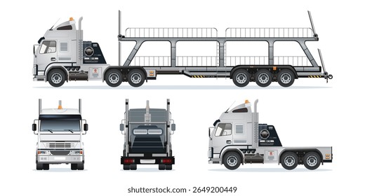 Car carrier trailer, big rig car hauler semi trailer truck transporting cars on two levels vehicle from various angles set vector illustration