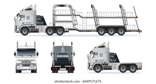 Car carrier trailer, big rig car hauler semi trailer truck transporting cars on two levels vehicle from various angles vector set illustration