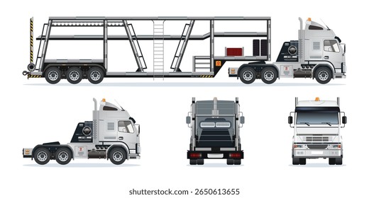Reboque de carro de transporte, caminhão de reboque de carro de grande plataforma semirreboque transporte de carros em dois níveis veículo de vários ângulos vetor conjunto ilustração