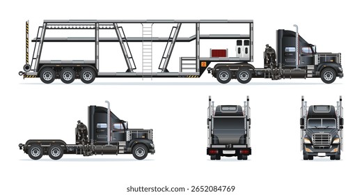 Car carrier trailer big rig car hauler semi trailer truck transporting cars on two levels vehicle view from various angles vector set illustration