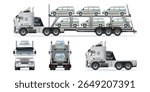 Car carrier trailer, heavy car carrier semi trailer truck carrying fully loaded cars on two vehicle levels from different angles vector set illustration