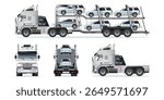 Car carrier trailer, heavy car carrier semi trailer truck carrying fully loaded cars on two vehicle levels from different angles vector set illustration