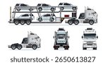 Car carrier trailer, heavy car carrier semi trailer truck carrying fully loaded cars on two vehicle levels from different angles vector set illustration