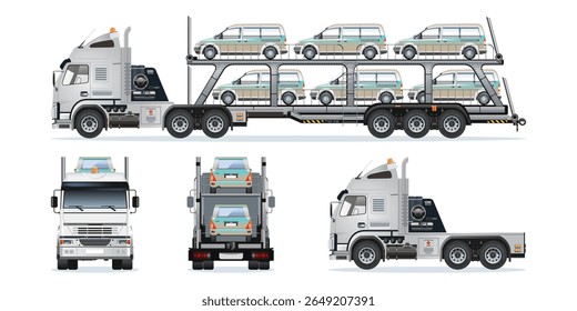 Car carrier trailer, heavy car carrier semi trailer truck carrying fully loaded cars on two vehicle levels from different angles vector set illustration