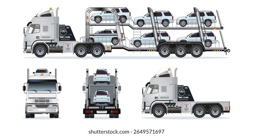 Car carrier trailer, heavy car carrier semi trailer truck carrying fully loaded cars on two vehicle levels from different angles vector set illustration
