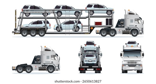 Reboque de transporte de veículos, caminhão semirreboque de transporte de veículos pesados que transporta veículos totalmente carregados em dois níveis de veículo a partir de diferentes ângulos vetor conjunto ilustração