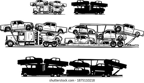 Car carrier trailer side view. Black and white illustration. Car hauler icon