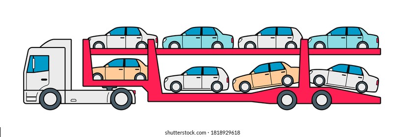 Car Carrier Truck Icon. Auto Transporter Loaded With Cars Isolated On White. Vector Illustration