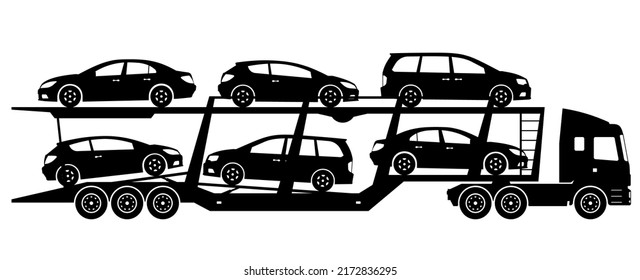 Silueta de camión de transporte de coches sobre fondo blanco. Iconos monocromáticos del vehículo establecen la vista desde el lateral