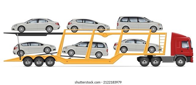 Car carrier truck vector mock-up. Side view of car-carrying trailer on white background for vehicle branding, advertising, corporate identity. All elements in the groups on separate layers.