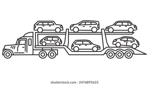 Autotransporter LKW.Autotransporter Anhänger. LKW mit neuen Autos. Autotransporter.Frachtflatcar.Eine Sattelzugmaschine mit einem Autoträger.Lkw-Lieferung ab Werk .Outline-Vektorillustration.