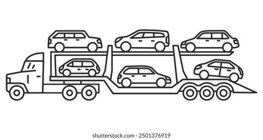 Car carrier truck.Car-carrying trailer. Truck carrying new cars. Auto transporter.Freight flatcar.A tractor unit with a car carrier.Truck delivery from factory .Outline vector illustration.