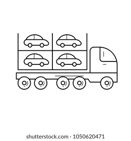Car carrier vector line icon isolated on white background. Transportation of new cars on an auto transport carrier line icon for infographic, website or app.