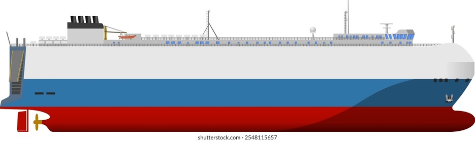 Carro com casco branco e azul. Perfil lateral de um navio de transporte de automóveis com uma rampa de popa vista do lado estibordo. Ilustração isolada de vetor.