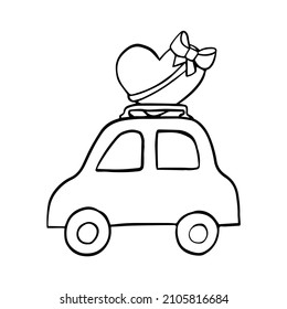 The car carries a big heart. Black childrens outline, symbol of lovers and Valentines Day. Simple vector illustration for decoration.