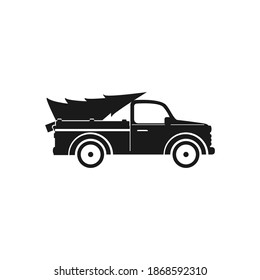 Car carries Christmas tree, black flat design icon.