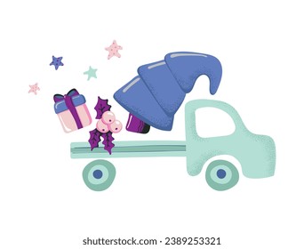 Car carries a Christmas tree, a gift and a holly. Happy new year. Christmas items. For the design of Christmas and New Year cards. Vector illustration. Hand-Drawn.
