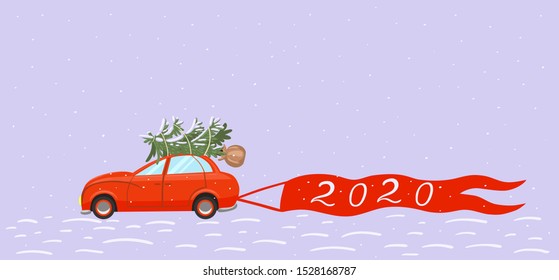 The car carries a Christmas tree. Greeting banner