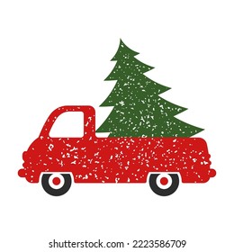 The car carries the Christmas tree icon. Small cute truck. Color silhouette. Side view. Vector simple flat graphic illustration. Isolated object on a white background. Isolate.