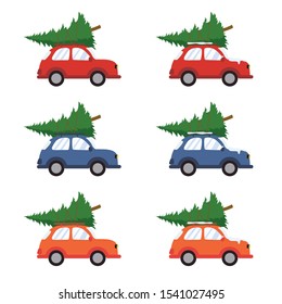 The car carries a Christmas tree. Red, blue, orange cars. New Year tree by car. Snow on the Christmas tree. Vector image. Flat design. New Year card.
