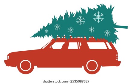 Car carries fir colorful sticker with Christmas tree on roof of suv driving out of forest vector illustration