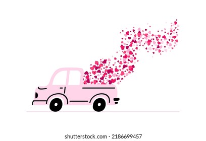 Car carries love heart. Pink pickup truck containing romantic delivery. Happy holiday celebration greeting card. Valentine day cute vehicle for anniversary or marriage vector concept