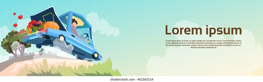 Car Carrying Fruits Vegetables Harvest Delivery To Farm Market Organic Eco Grocery Flat Vector Illustration