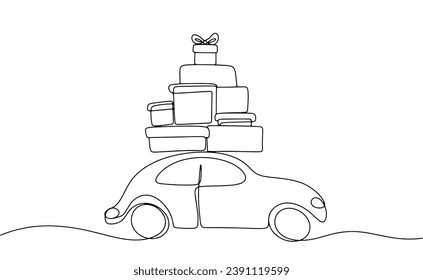 The car is carrying a lot of gifts. Holiday illustration. Boxing Day. One line drawing for different uses. Vector illustration.