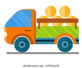 Car carrying hay in a trailer vector illustration isolated on white. Auto for transportation haystacks, vector illustration in farming concept
