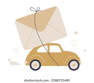 Car Carrying Large Envelope In Flat Vector Illustration Symbolizing Mail Delivery, Postal Service, And Express Shipping, Isolated On White Background.