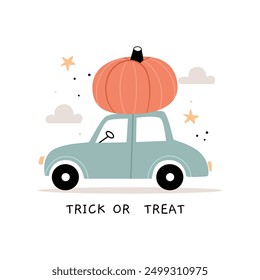 The car is carrying a large pumpkin.Fall season car with harvest isolated on white background. Cute adorable Halloween holiday illustration for kids in the Scandinavian style.