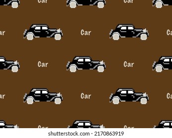 Car cartoon character seamless pattern on brown background. Pixel style