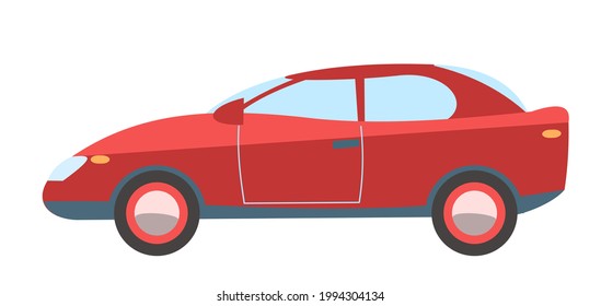 Car. Cartoon comic funny style. Side view. Beautiful red Automobile. Auto in flat design. Childrens illustration. Object is isolated on white background. Vector