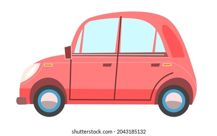 Car. Cartoon comic funny style. Side view. Beautiful retro pink Automobile. Auto in flat design. Childrens illustration. Object is isolated on white background. Vector.