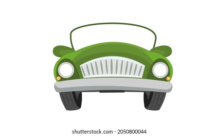 Car. Cartoon comic funny style. Front view. Green Automobile. Auto in flat design. Cabriolet. Childrens illustration. Isolated on white background. Vector.