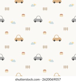 Caricatura de carro tão fofo. Na casa nuvem sol cerca fundo. Ilustração de vetor uniforme de padrão. 