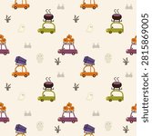 Car cartoon so cute. On pumpkin cauldron coffin tree ghost mummy grave background. Pattern seamless vector illustration. Welcome Halloween. 